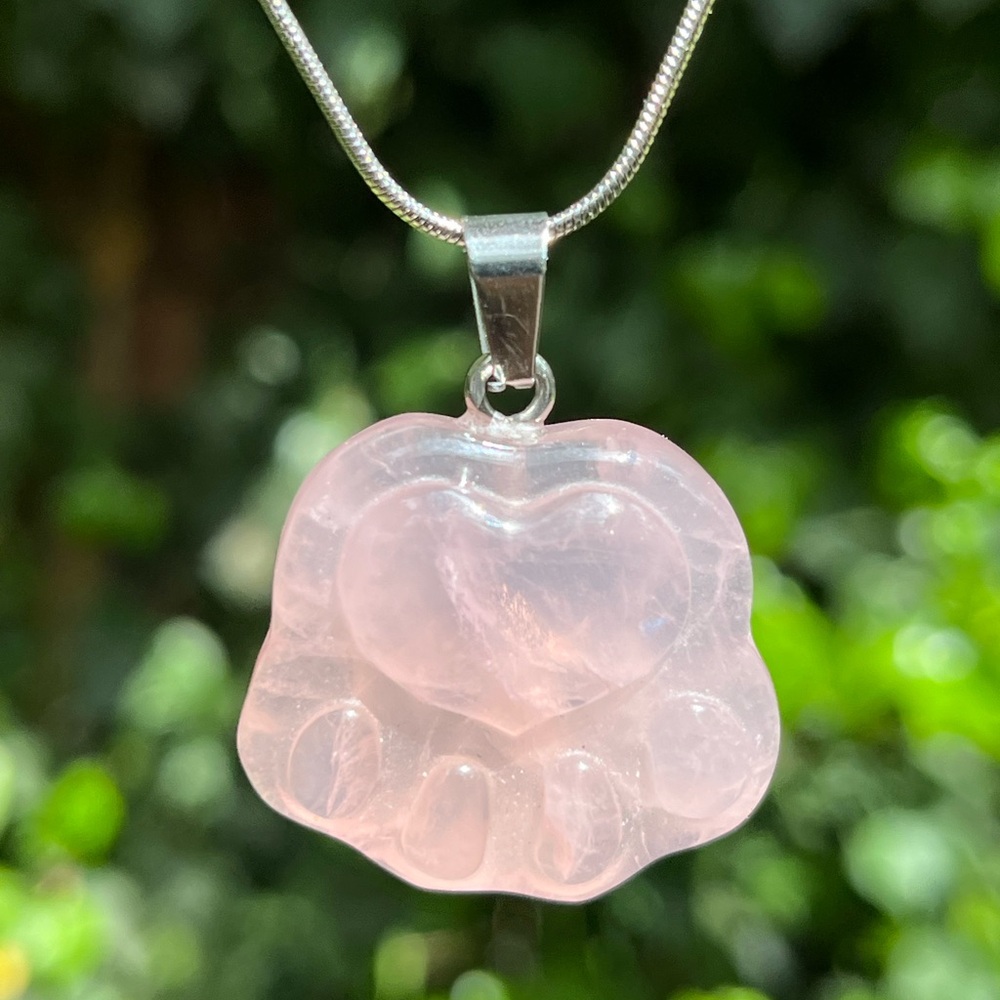 Stainlessβ steel cute rose quartz paw pendant 1424
